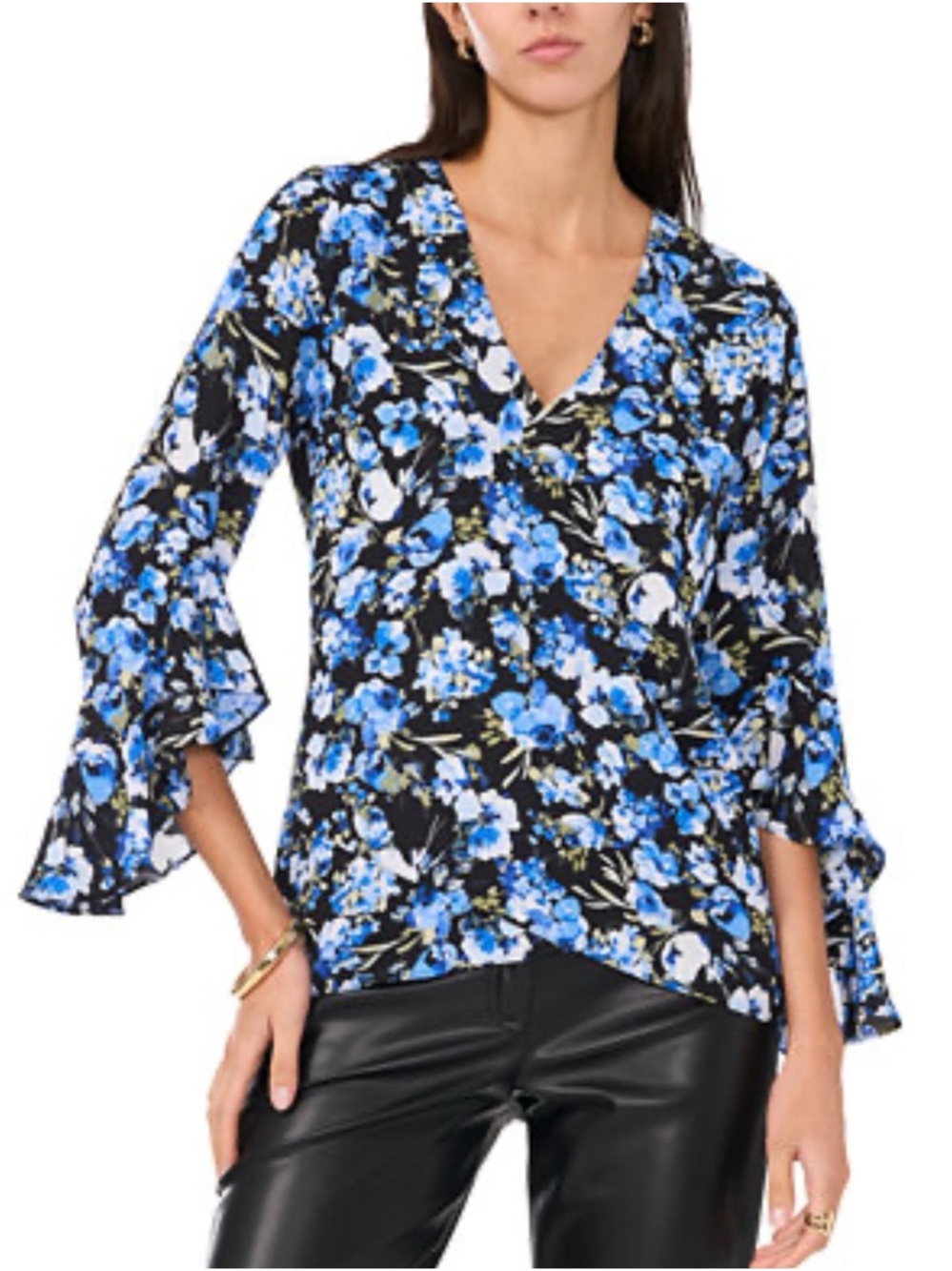 Vince Camuto V-Neck 3/4 Ruffle Sleeve Blouse - Blue Floral